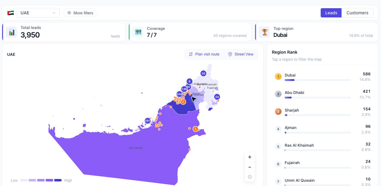 SakerCRM UAE map view showing lead distribution and region ranking