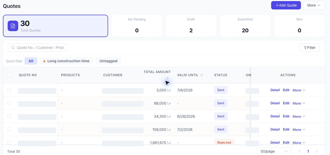 SakerCRM quote management screen showing quote status, amount, validity, and actions